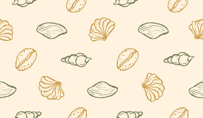 Seashell hand drawn pattern. Shells doodle background. Whimsical summer beach illustration seamless pattern for fabric. Sketch style of various seashells like scallop, oyster, conch, bivalve. © Dean