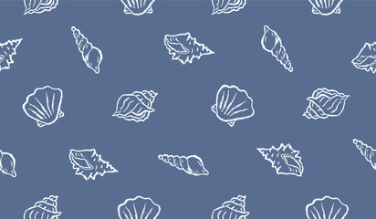Seashell hand drawn pattern. Shells doodle background. Whimsical summer beach illustration seamless pattern for fabric. Sketch style of various seashells like scallop, oyster, conch, bivalve. © Dean
