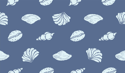 Seashell hand drawn pattern. Shells doodle background. Whimsical summer beach illustration seamless pattern for fabric. Sketch style of various seashells like scallop, oyster, conch, bivalve. © Dean