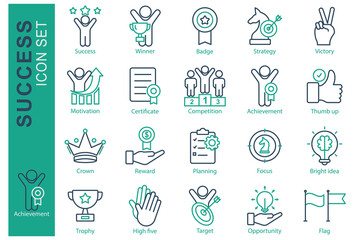 Naklejka premium Success icon set. Line icon style. Containing icon victory, winner, Strategy and more. Success element vector illustration