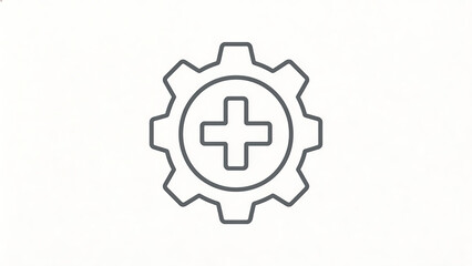 Fototapeta premium Outline style icon of a gear with a cross symbol inside, representing medical equipment, healthcare maintenance, or service. Vector illustration, flat design, white background.