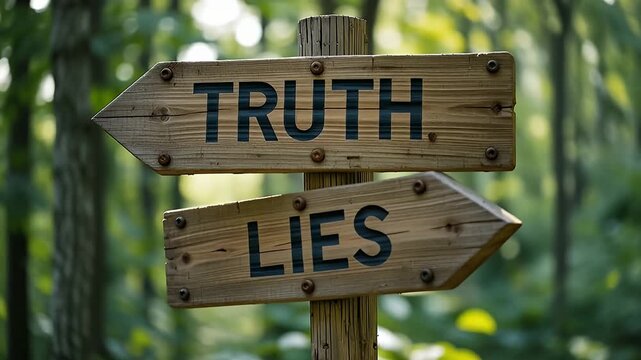 truth lies signpost in forest, wooden arrows in sunlight