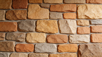 Obraz premium Close-up of a natural stone wall with varied earthy tones, showcasing masonry construction, texture, and pattern for architectural design and building facades.