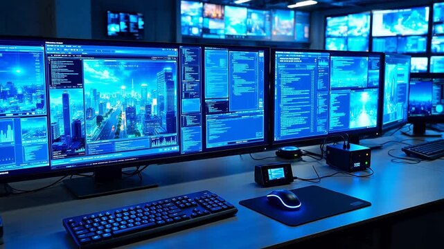 Surveillance control room with multiple monitors
