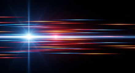 Vibrant colorful light streaks radiating from a central point on a dark background with streaks of red, orange, and blue light © Hridoy