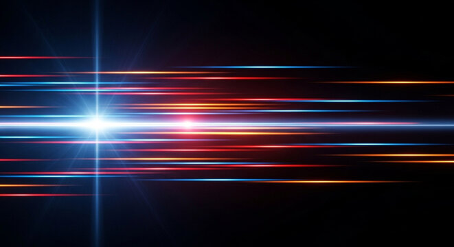 Vibrant colorful light streaks radiating from a central point on a dark background with streaks of red, orange, and blue light
