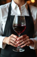 Naklejka premium Woman in restaurant bar holds glass of red wine. Staff member in black apron and white shirt presents drink. Professional taster checks beverage quality. Wine tasting experience for clients at eatery.