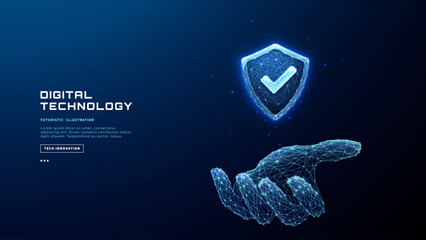 Cybersecurity shield hologram in digital hand. Abstract cyber protection concept with glowing security icon and futuristic technology background for data safety. Tech vector illustration. Low poly