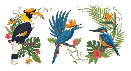 Obraz premium A vibrant, colorful vector illustration. Modern digital art with an abstract background featuring exotic tropical birds and lush foliage