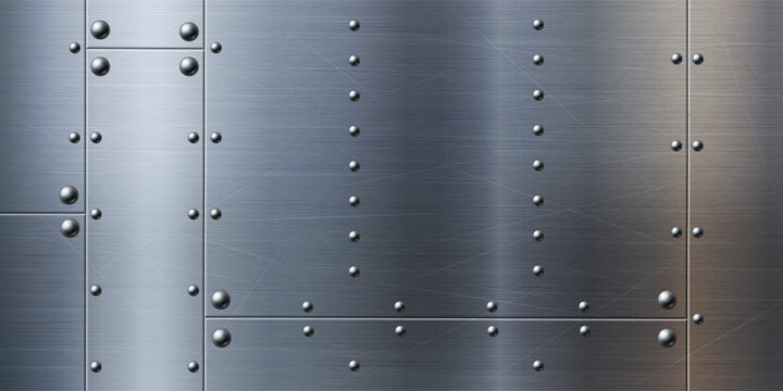 Industrial metal plate with rivets on glossy surface. Vector realistic illustration of iron background for industrial presentation, badge or nameplate design material with stainless steel texture