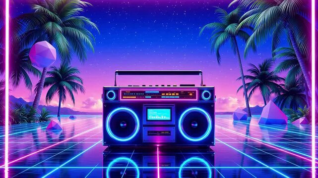 Retro boombox on neon beach
