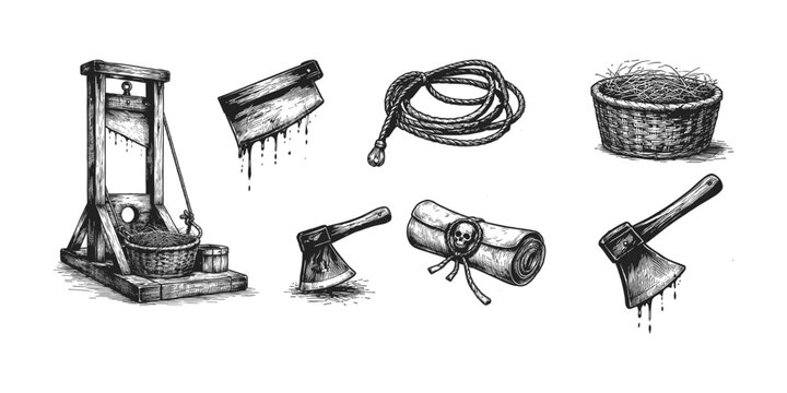 Collection of historical execution and punishment implements in a vintage illustration style