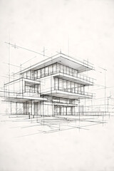 Fototapeta premium Modern architectural house blueprint sketch with technical lines showing contemporary building design concept