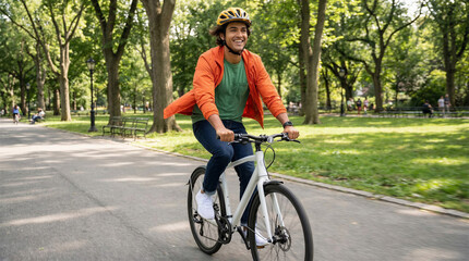 Fototapeta premium Man riding bicycle in park, smiling, wearing helmet and casual clothes 