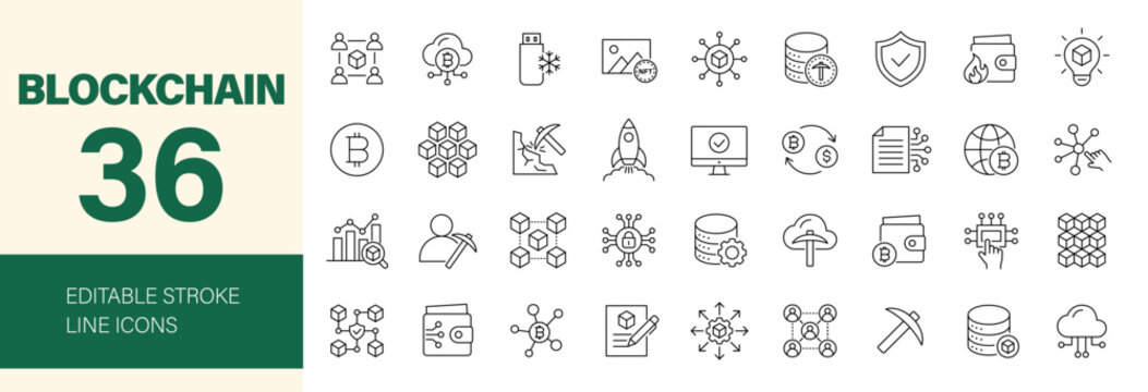Blockchain technology icon set. Editable line icons. Vector illustration.