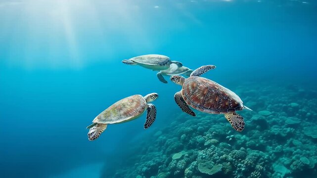 Four sea turtles gracefully swim underwater above a vibrant coral reef formation