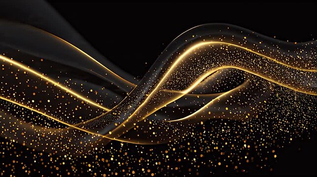 A dark background displays elegant, flowing ribbons with streaks of golden light, complemented by a myriad of sparkling gold particles