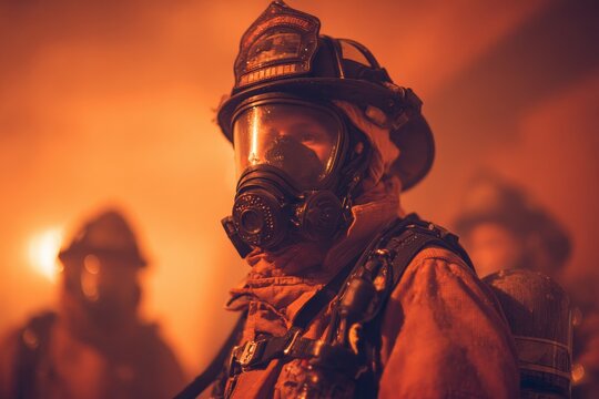 Close-up of back-mounted air cylinder and breathing mask on protective turnout gear