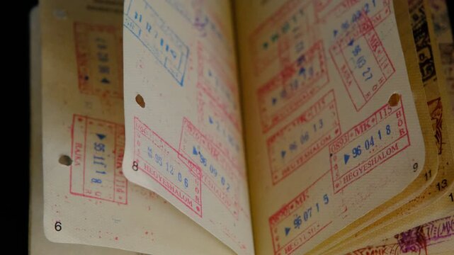 Well-Travelled Passport Vintage Passport Open to Pages Filled with International Entry and Exit