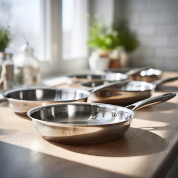Close-up of gleaming stainless steel skillets with visible rims and sturdy handles in a modern home kitchen