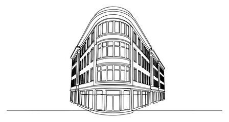 Minimalist line art illustration of a modern corner building with rounded architecture © InsomniaVideo