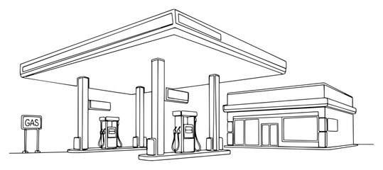 Fototapeta premium Clean line art vector illustration of a modern gas station with fuel pumps and service store