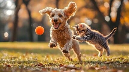 Obraz premium dog running on the road Playful Kitten Chasing Toy Ball with Poodle Puppy in Autumn Park
