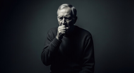 Fototapeta premium Senior man in dark sweater coughing and covering mouth with fist against black background symbolizing health problems respiratory illness or flu virus symptoms