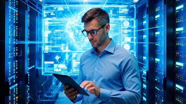 Man working with tablet in server room