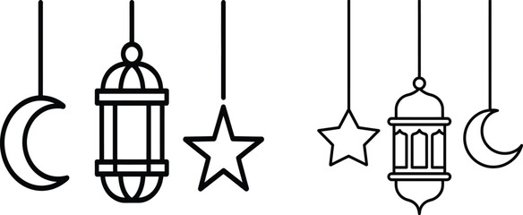 Simple black line art illustration of lanterns, moons, and stars hanging symbols for ramadan or eid celebration © Raton