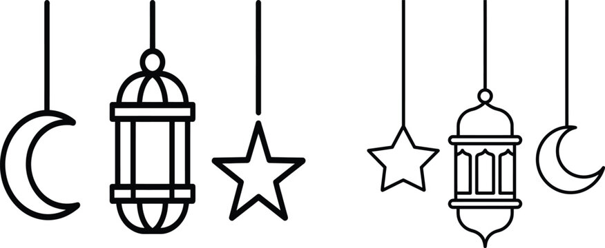 Simple black line art illustration of lanterns, moons, and stars hanging symbols for ramadan or eid celebration