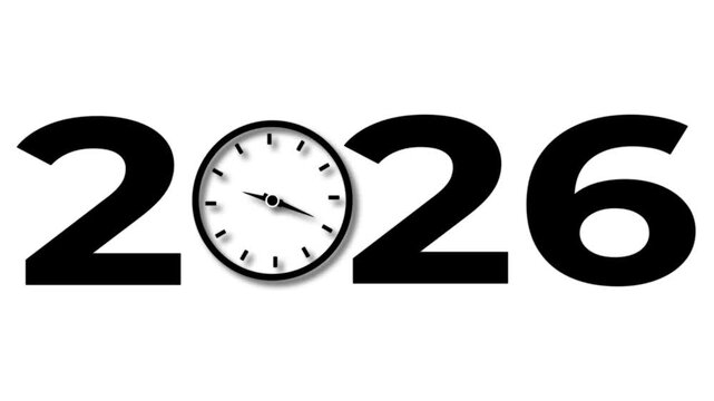 Abstract Glowing black new year 2026 with clock symbol icon. Digital clock icon concept future calendar design video on white background.