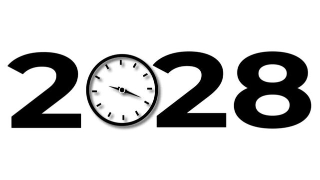 Abstract Glowing black new year 2028 with clock symbol icon. Digital clock icon concept future calendar design video on white background.