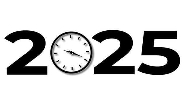 Abstract Glowing black new year 2025 with clock symbol icon. Digital clock icon concept future calendar design video on white background.