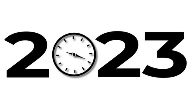 Abstract Glowing black new year 2023 with clock symbol icon. Digital clock icon concept future calendar design video on white background.