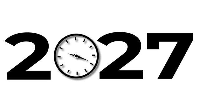 Abstract Glowing black new year 2027 with clock symbol icon. Digital clock icon concept future calendar design video on white background.