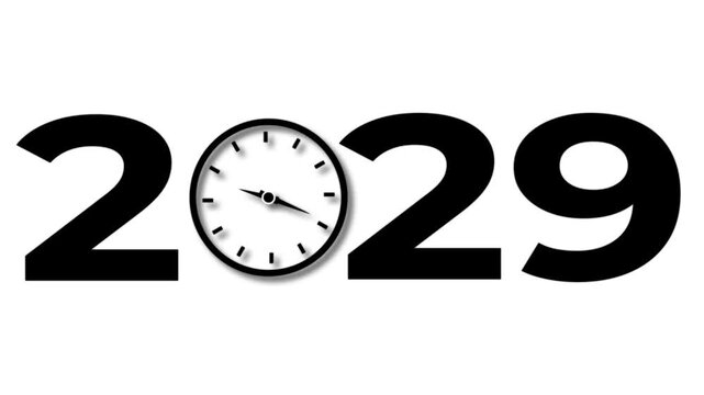 Abstract Glowing black new year 2029 with clock symbol icon. Digital clock icon concept future calendar design video on white background.