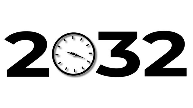 Abstract Glowing black new year 2032 with clock symbol icon. Digital clock icon concept future calendar design video on white background.