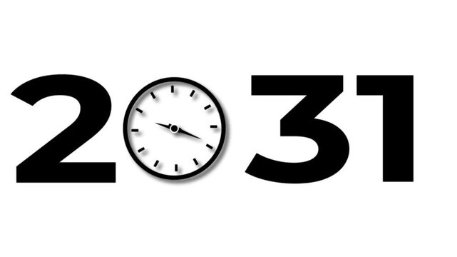 Abstract Glowing black new year 2031 with clock symbol icon. Digital clock icon concept future calendar design video on white background.