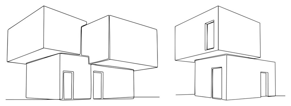 Minimalist modular house design with stacked cuboid blocks in vector line art style