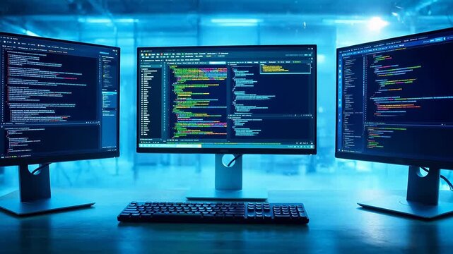 Three computer monitors displaying code
