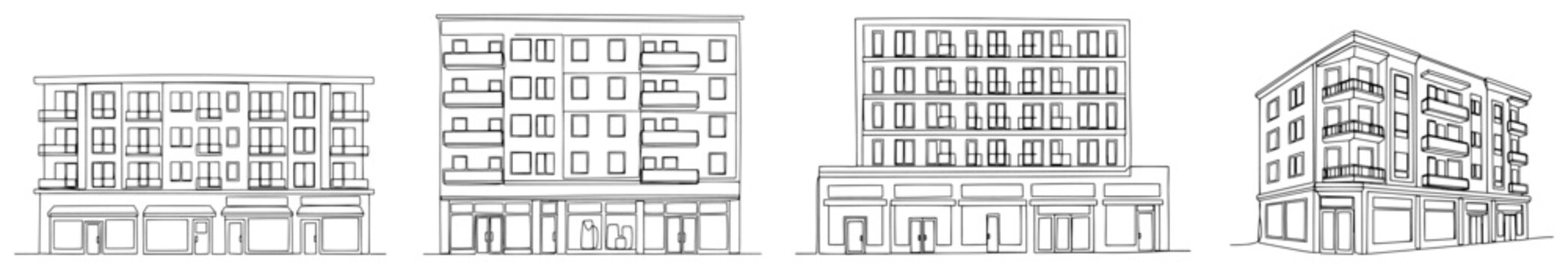 Set of modern commercial residential building elevations in architectural vector line art
