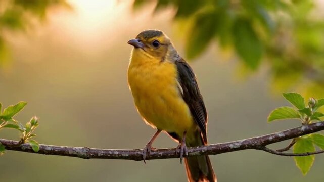 Bright yellow bird perched on a tree branch in soft sunlight.