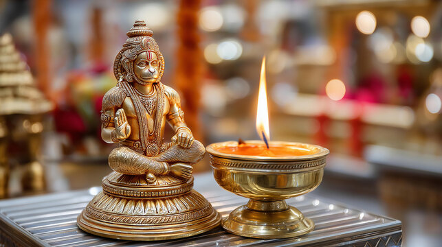 Hanuman idol diya stand festival celebration, Indian temple setting, religious cultural visualization, Hindu festival moment, with copy space