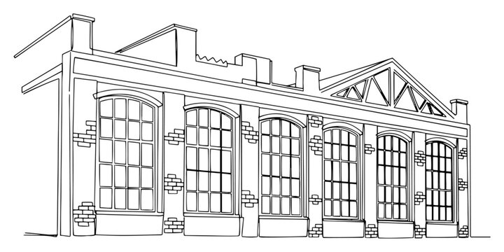 Historic industrial factory facade with large arched windows in line art style