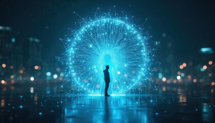 Fototapeta premium Person stands in glowing blue digital sphere network. Future tech concept symbolizes connection growth and transformation. Cybernetic gateway opens to new reality.