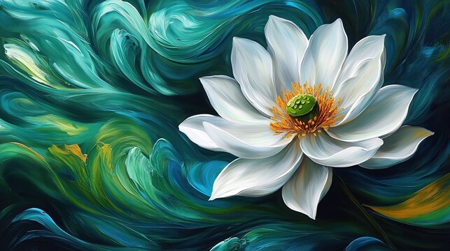 Serene Lotus Blossom: An ethereal close-up of a pure white lotus flower, its delicate petals radiating from a vibrant center, set against an abstract backdrop of swirling greens and blues.