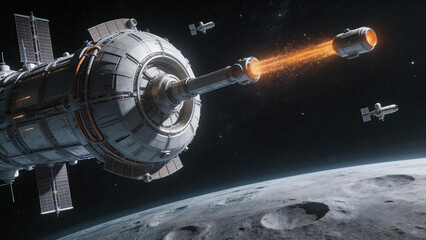 Fototapeta premium A space station launches a missile near the moon, with other satellites in orbit. The scene depicts futuristic space exploration and technology in a cosmic setting.