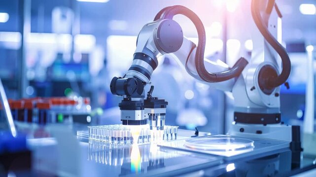 Robotic Precision in the Lab: A sleek robotic arm performs intricate tasks in a modern laboratory, symbolizing the cutting edge of science and technology and precision.