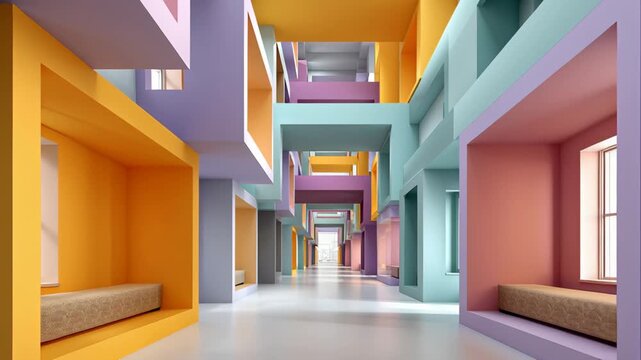 Colorful modern architectural hallway with vibrant walls and windows, showcasing a continuous flow of geometric shapes and open spaces in a contemporary design